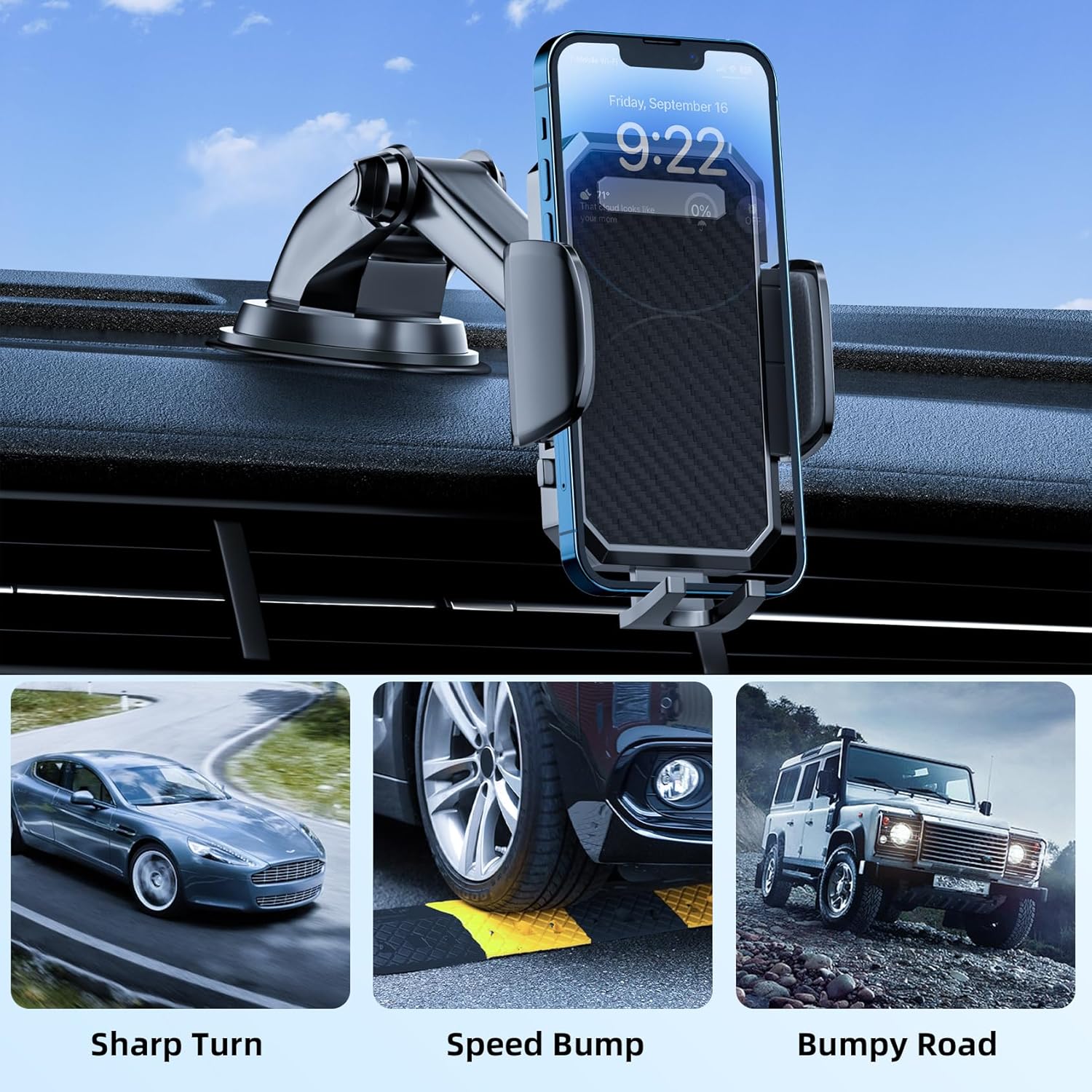 Ultimate 3-In-1 Car Phone Holder - Versatile Suction Cup & Clip Mount for Dashboard, Windshield & Vent - One-Hand Operation Compatible with All Smartphones & Vehicles